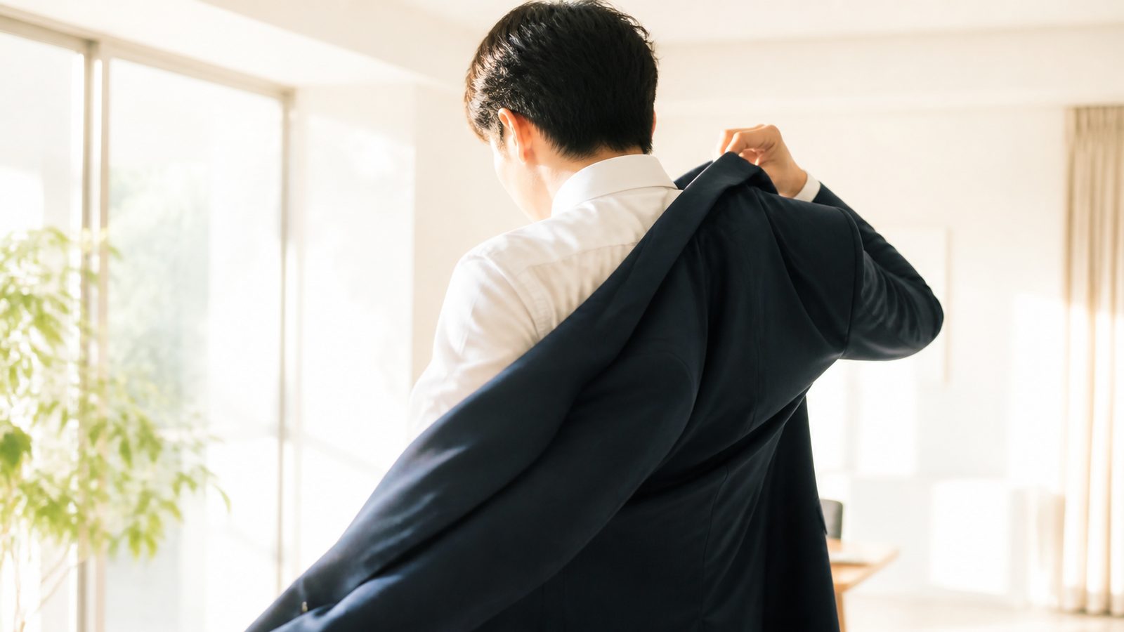 前を向いて歩き出す男性の後ろ姿