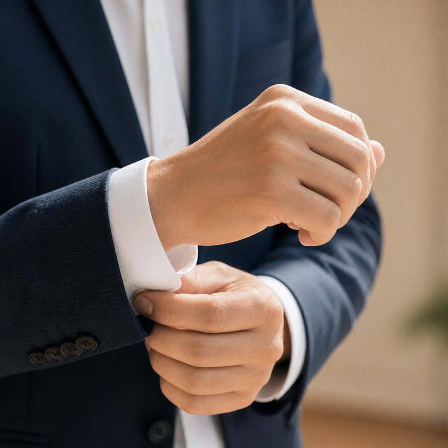シャツの袖口を整える男性の手元