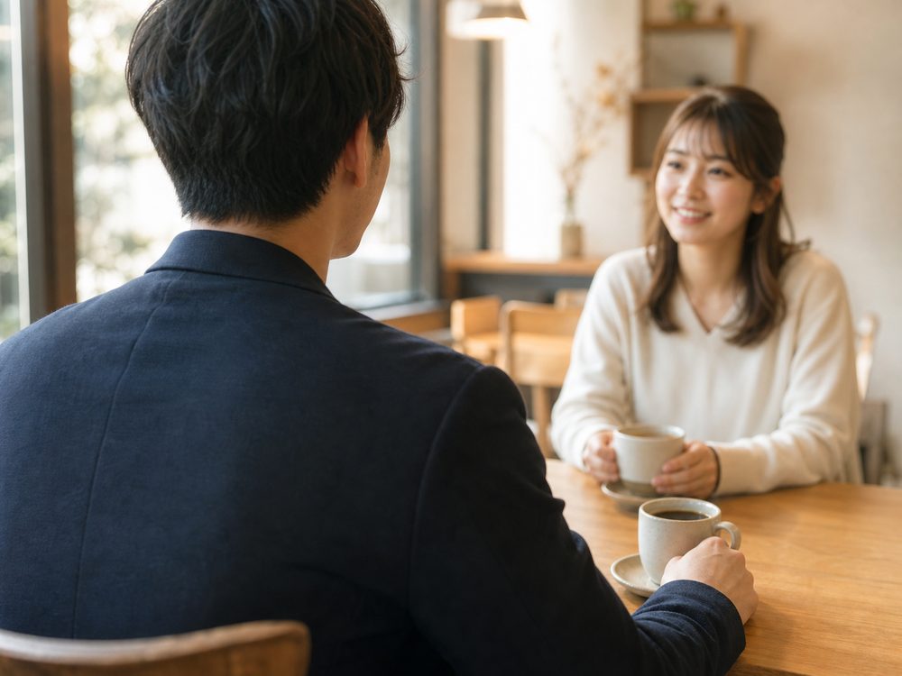 カフェで落ち着いて会話する男女