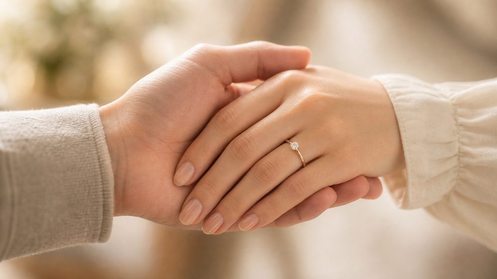 婚約指輪をつけた手を優しく重ねる二人の手元