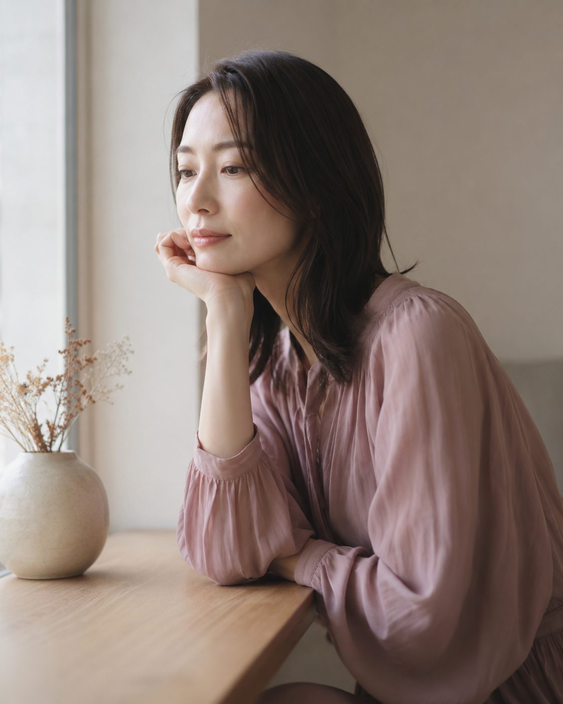 窓辺で物思いにふける女性